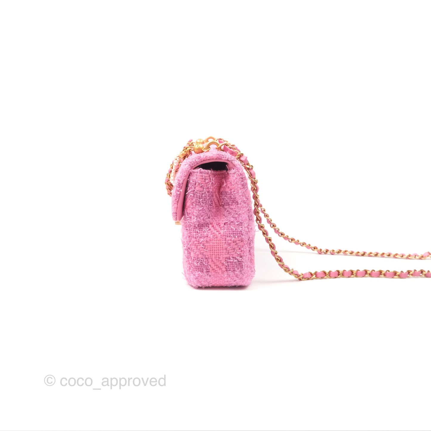Chanel Mini Flap Bag with Pearl Chain Pink Tweed Aged Gold Hardware