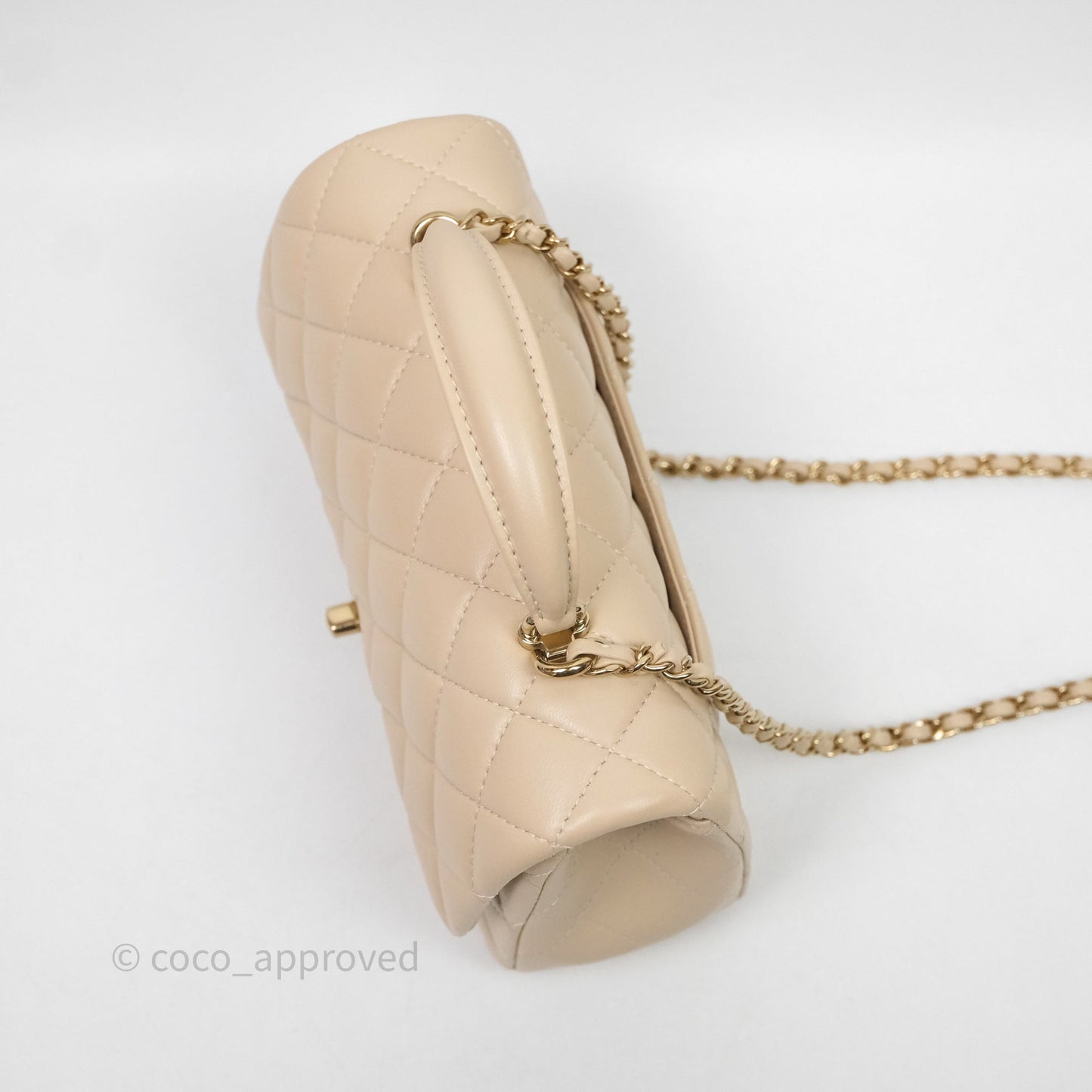 Chanel Top Handle Mini Rectangular Flap Beige Lambskin Shiny Gold Hardware
