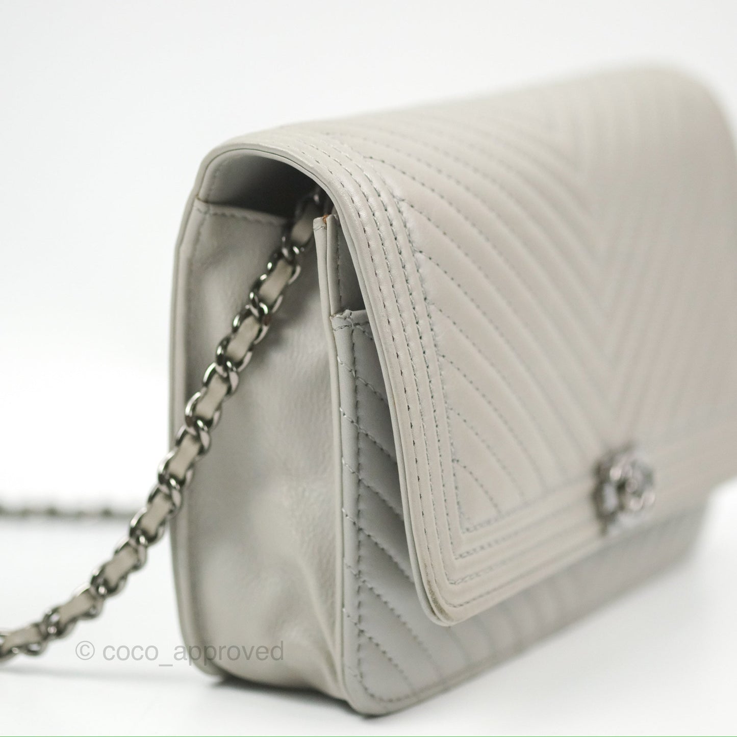 Chanel Chevron Boy Wallet on Chain WOC Grey Lambskin Gun Metal