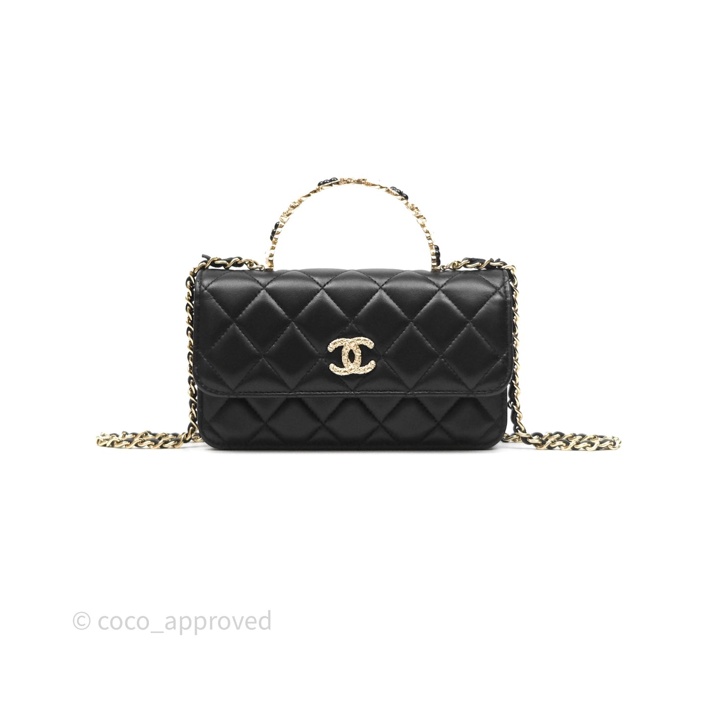 Chanel Camellia Handle Mini WOC Phone Holder with Chain Black Lambskin 23K
