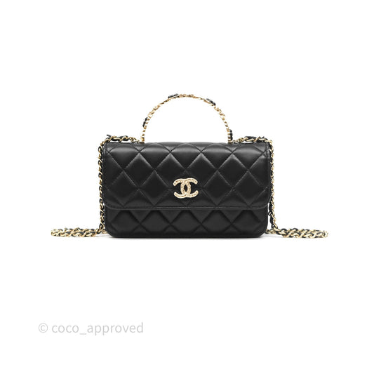 Chanel Camellia Handle Mini WOC Phone Holder with Chain Black Lambskin 23K