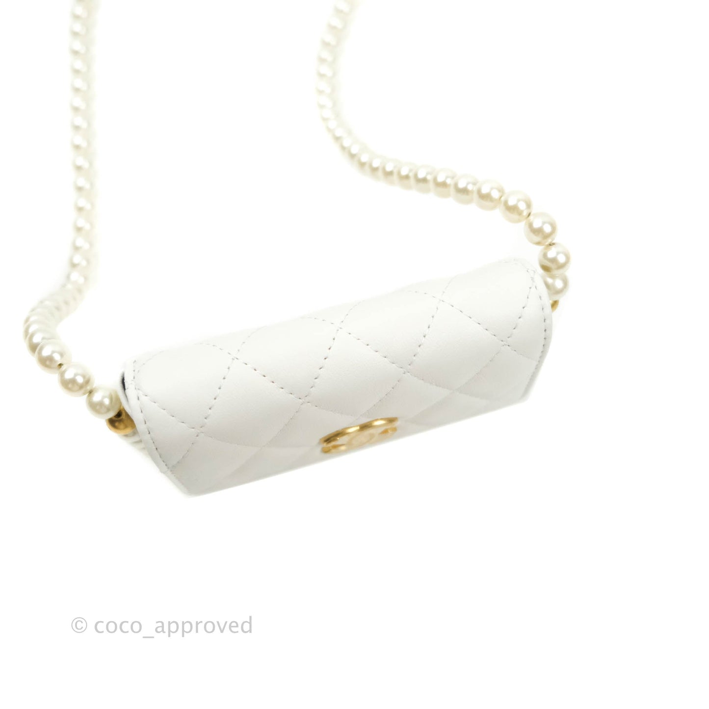 Chanel Flap Card Holder With Pearl Chain White Calfskin Aged Gold Hardware