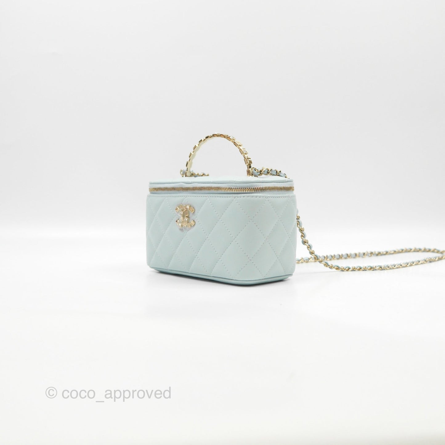 Chanel Vanity Rectangular Logo Crystal Top Handle Light Blue Lambskin Gold Hardware