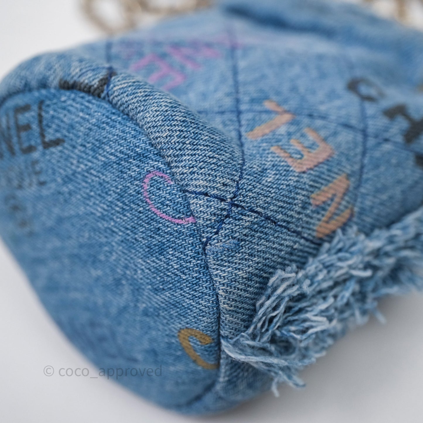 Chanel Mood Denim Mini Bucket Bag with Chain Blue Gold Hardware