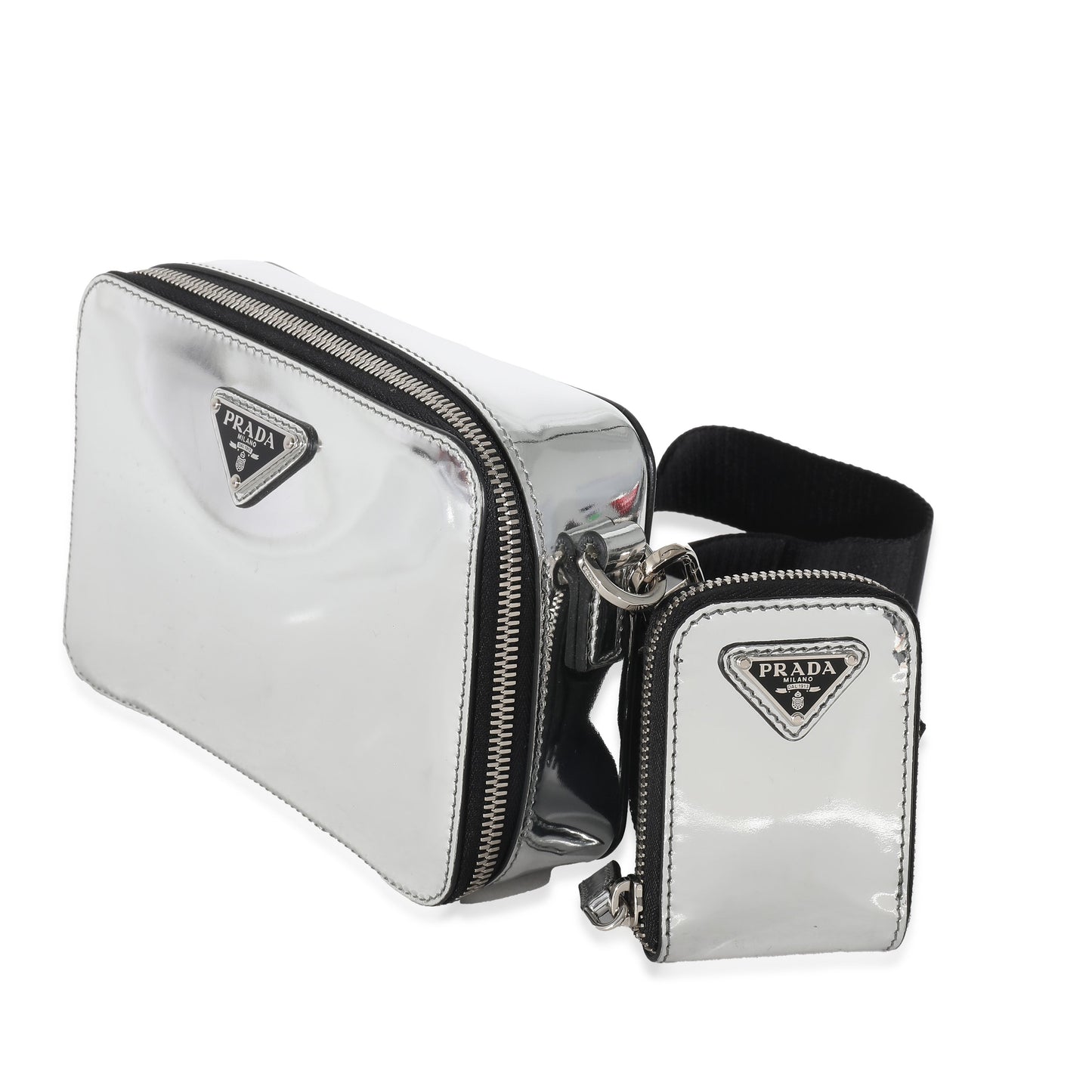 Luxury PradaMetallic Silver Spazzolato Brique Crossbody