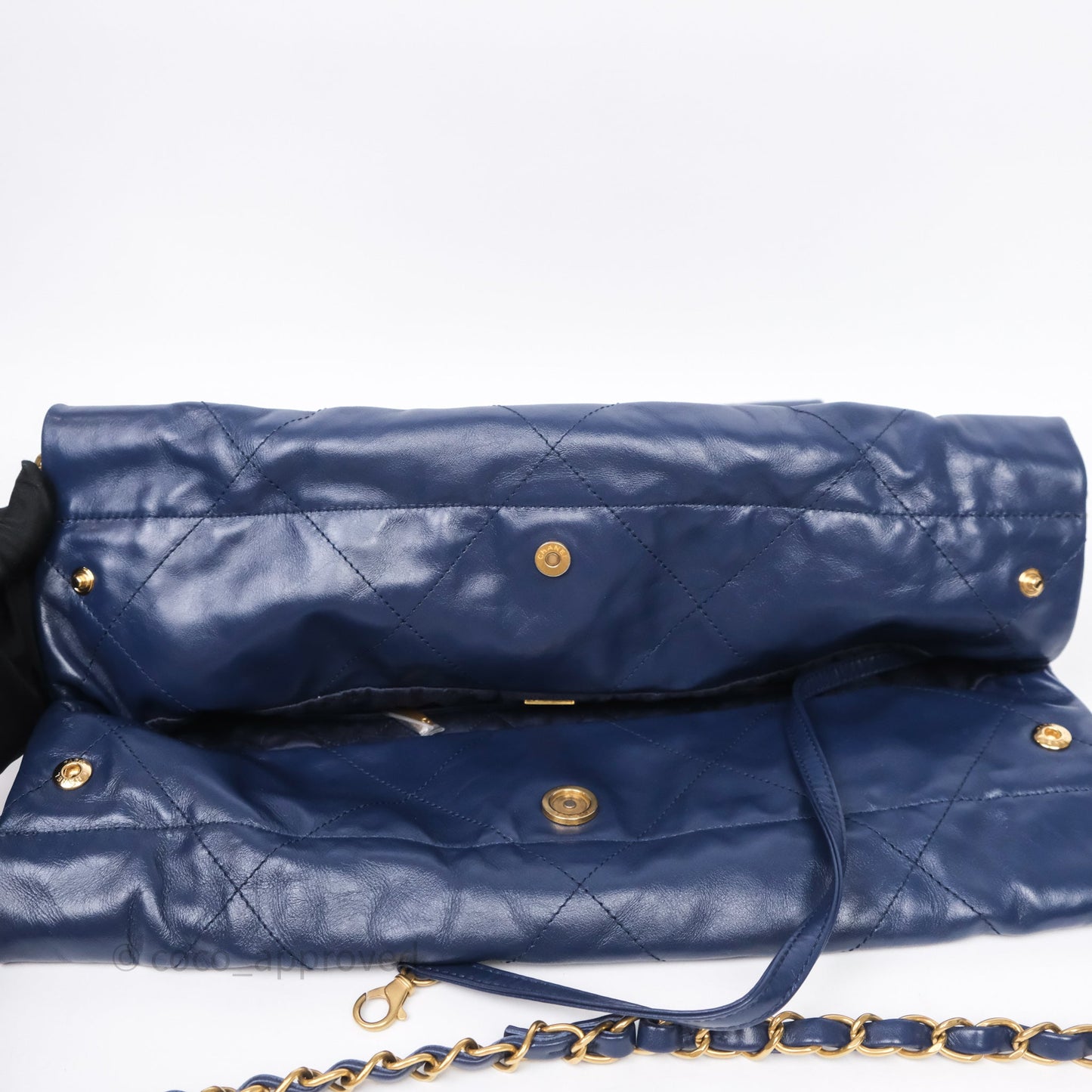 Chanel 22 Small Blue Shiny Calfskin Aged Gold Hardware
