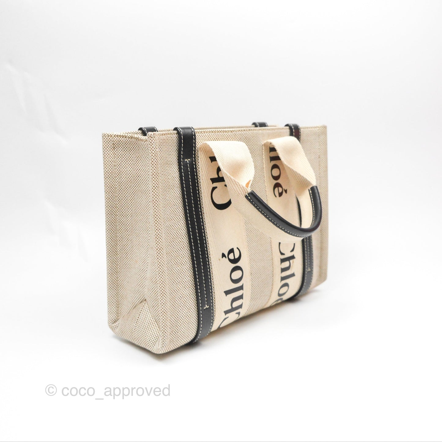 Chloe Small Woody Tote Bag Cotton Canvas & Black Calfskin with Woody Ribbon