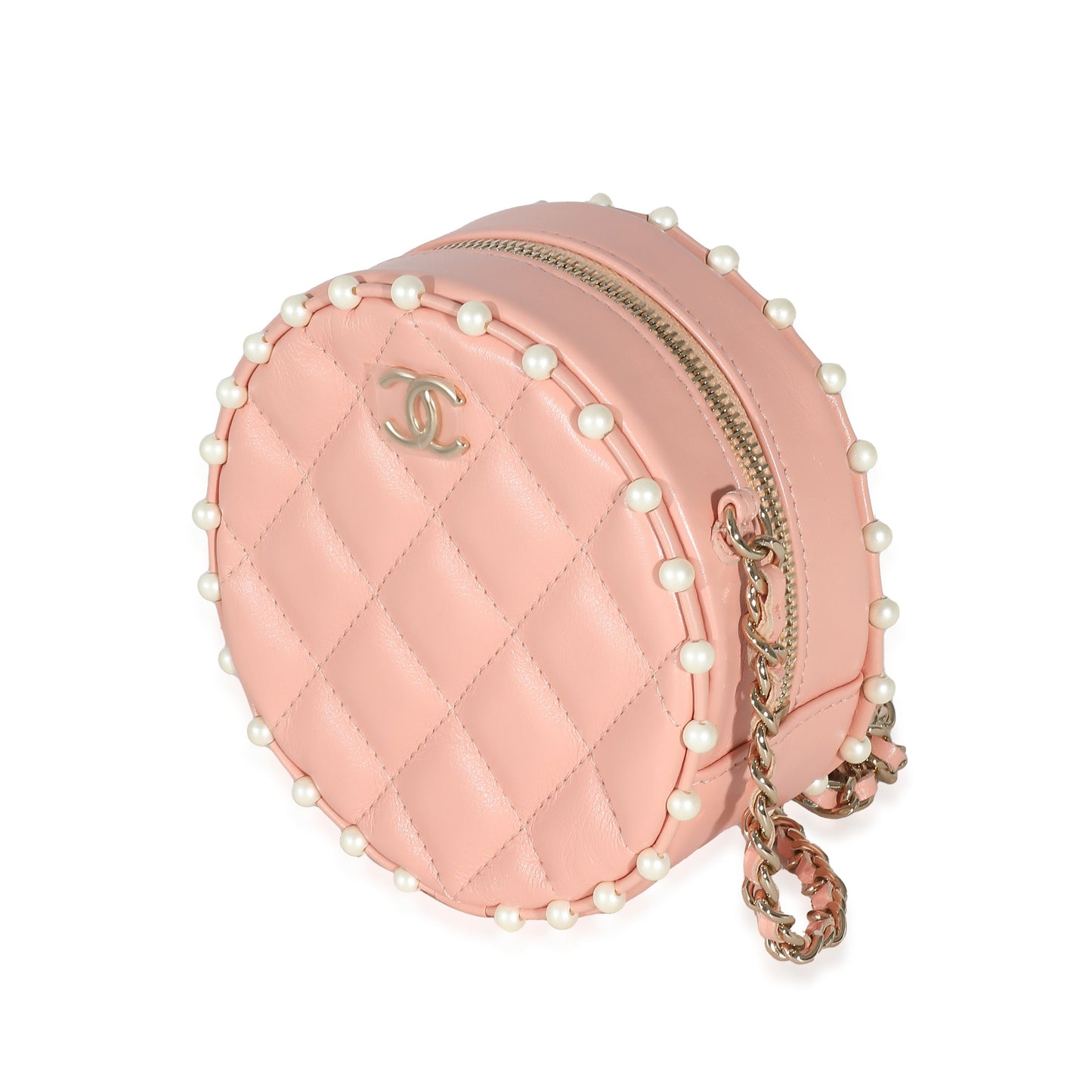 CHANEL Pink Quilted Calfskin Pearl Round Clutch With Chain