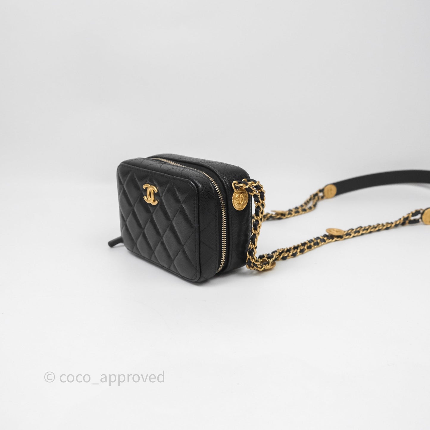 Chanel Quilted CC Coins Purse Chain Camera Case Black Caviar Aged Gold Hardware