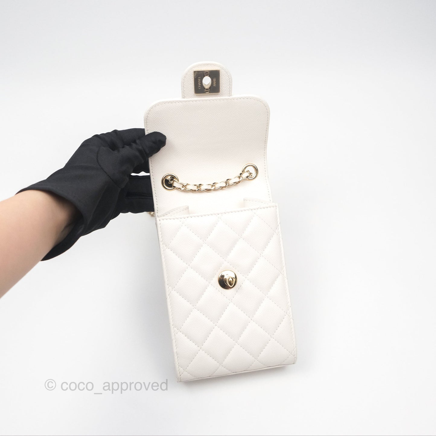 Chanel Classic Quilted Phone Holder White Caviar Gold Hardware