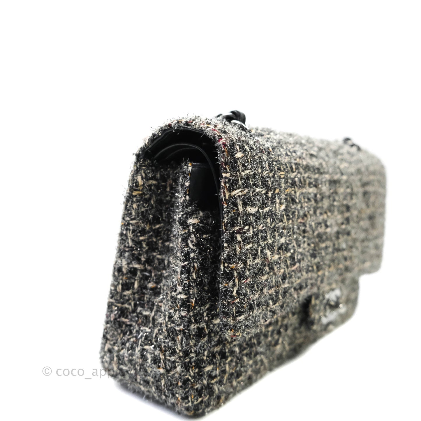 Chanel Classic M/L Medium Double Flap Black Tweed Gun Metal