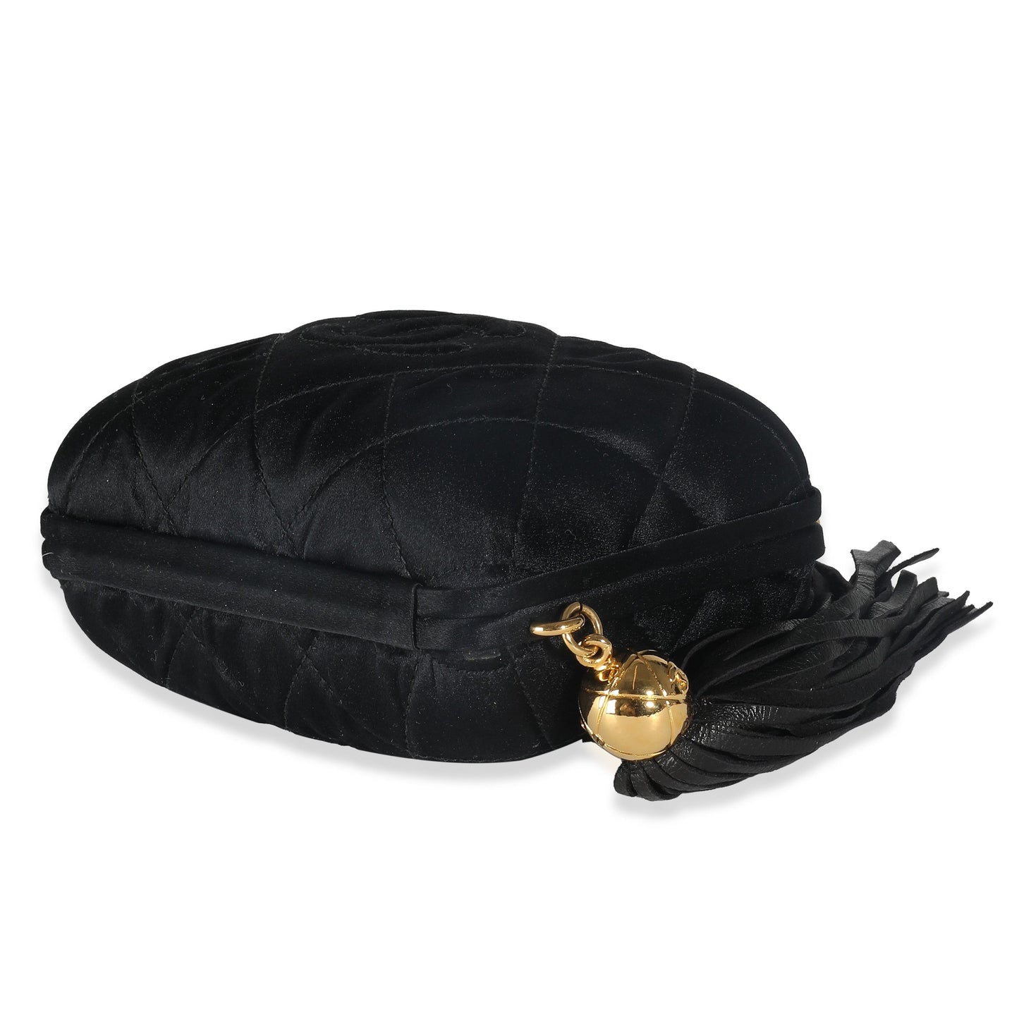 CHANEL Black Quilted Satin CC Tassel Box Clutch