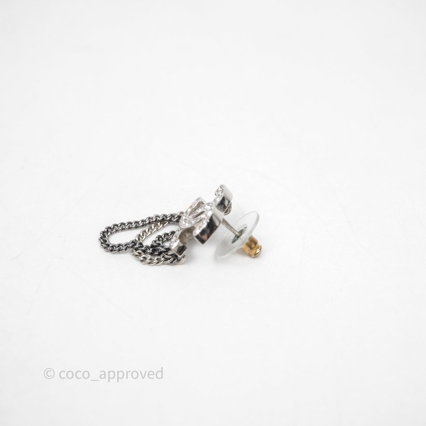 Chanel CC Crystals Chains Drop Earrings Silver Tone 21B