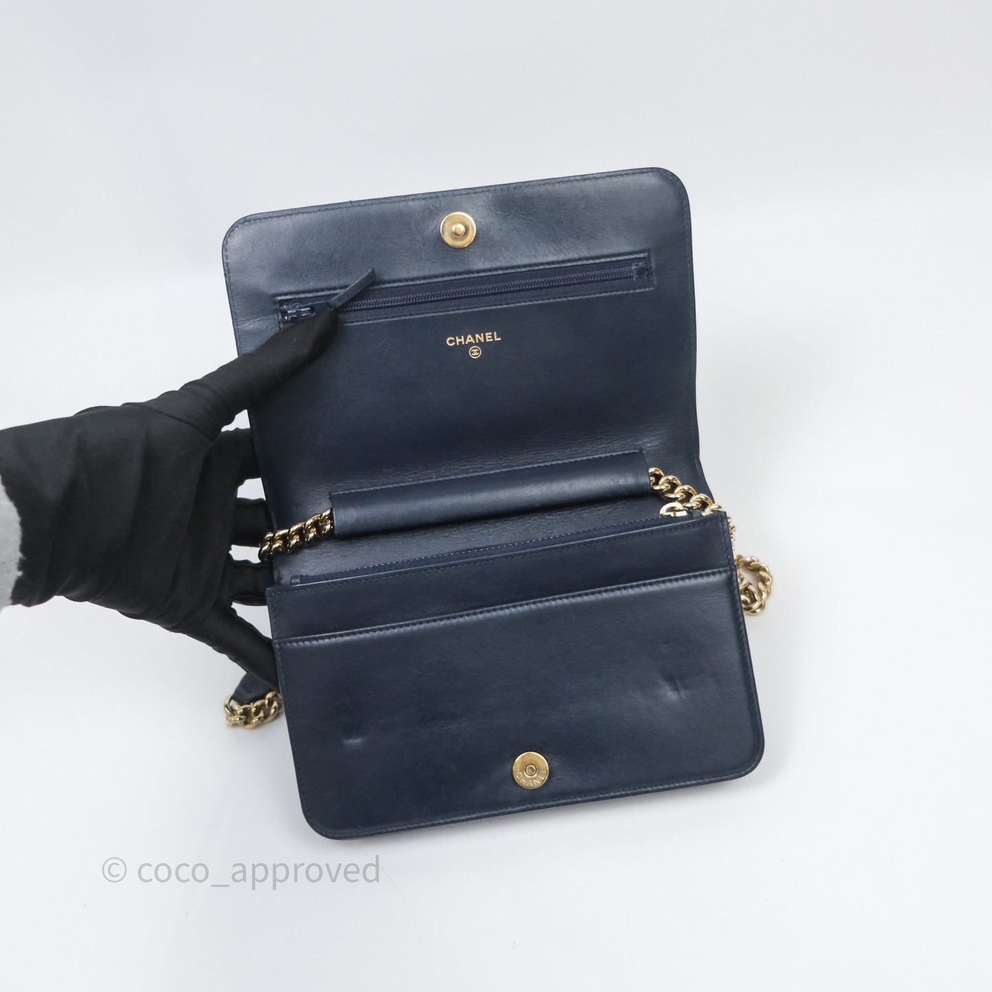 Chanel Boy Wallet on Chain Navy Caviar Light Gold Hardware