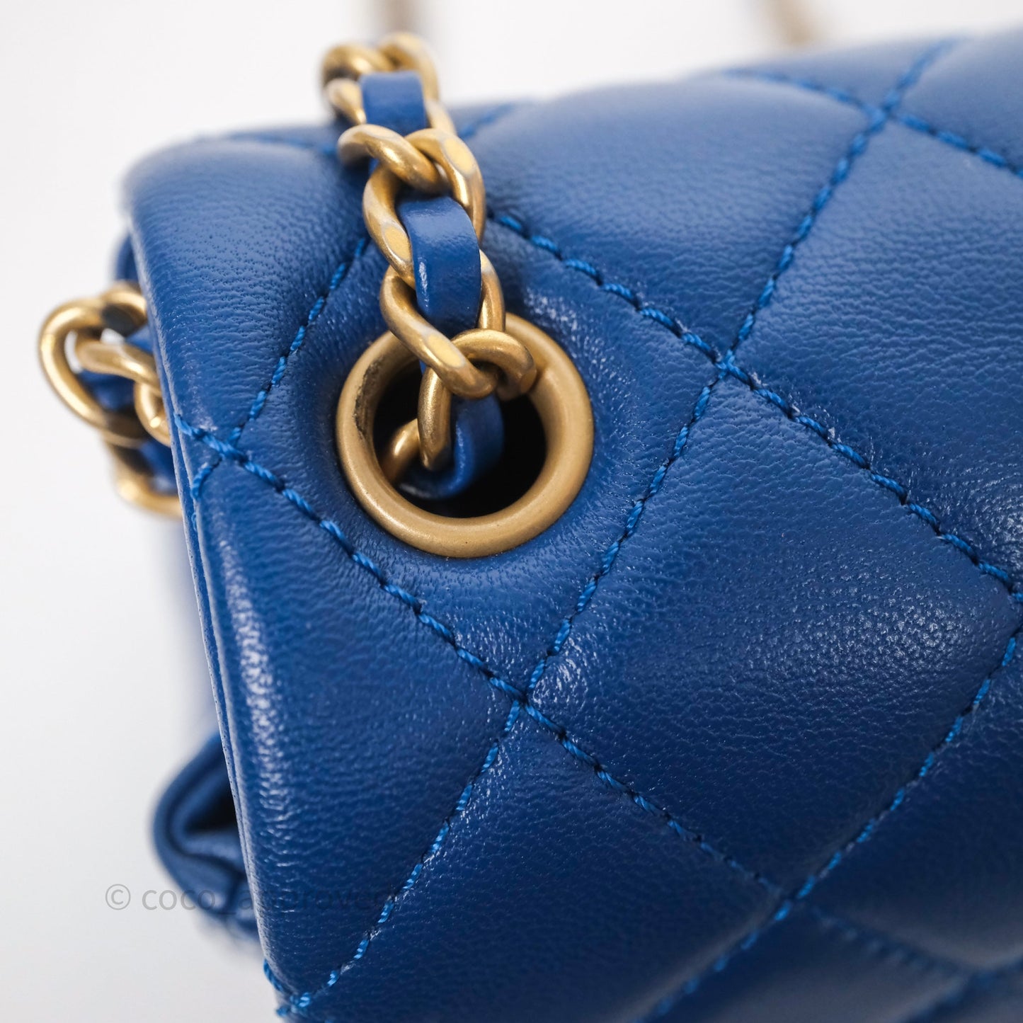 Chanel Pearl Crush Mini Square Quilted Blue Lambskin Aged Gold Hardware