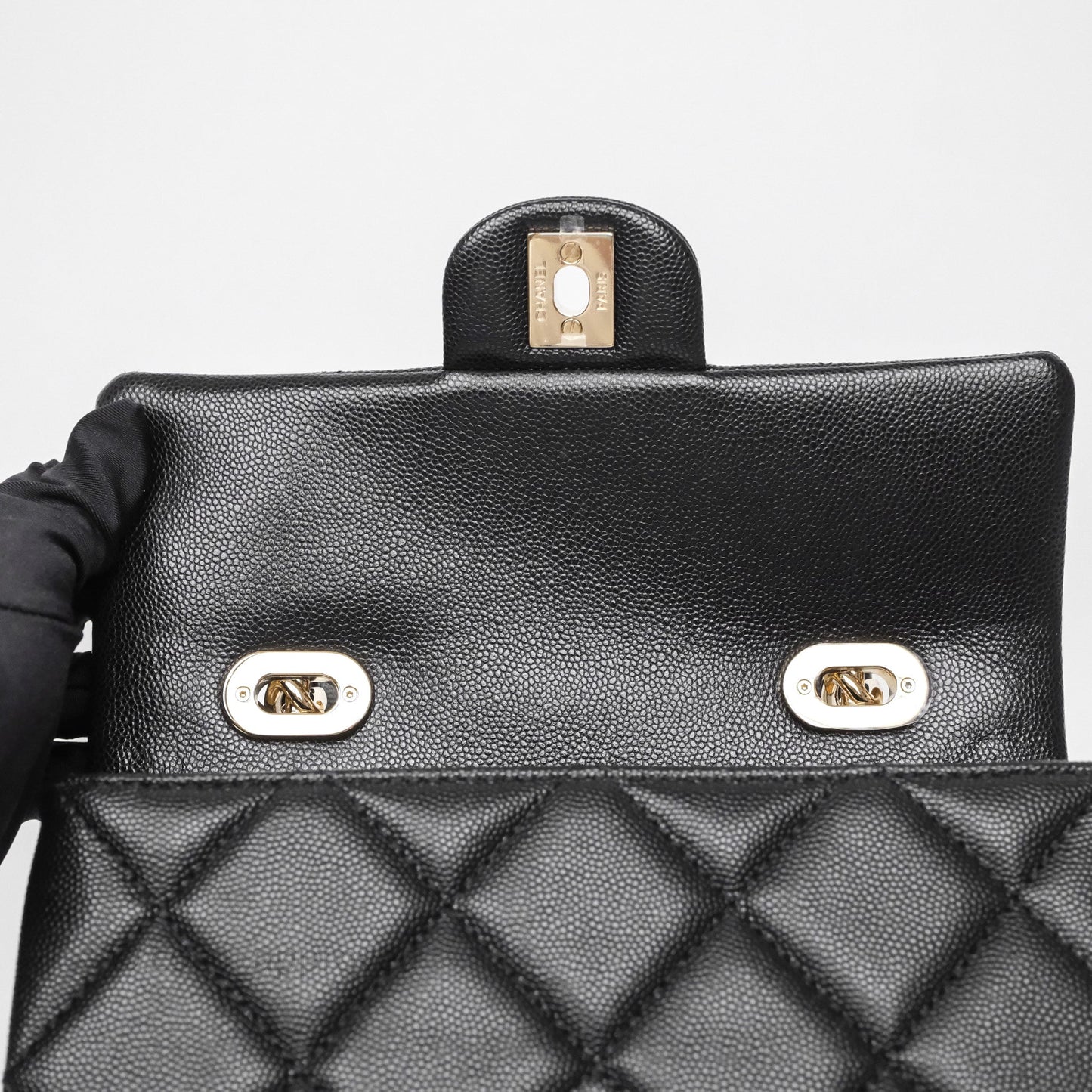 Chanel Quilted Small Top Handle Flap Bag Black Caviar Gold Hardware