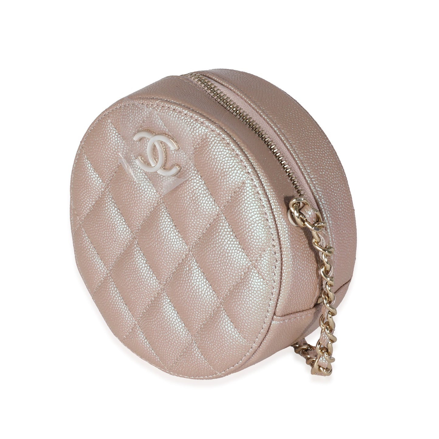 CHANEL Pink Iridescent Quilted Caviar Round Clutch With Chain