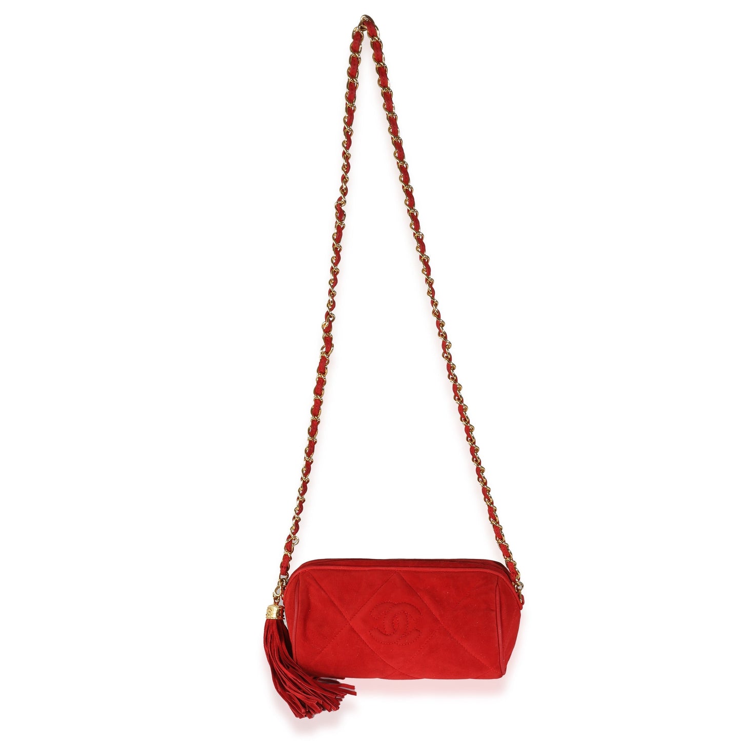 CHANEL Vintage Red Suede Diamond Stitch Tassel Barrel Clutch