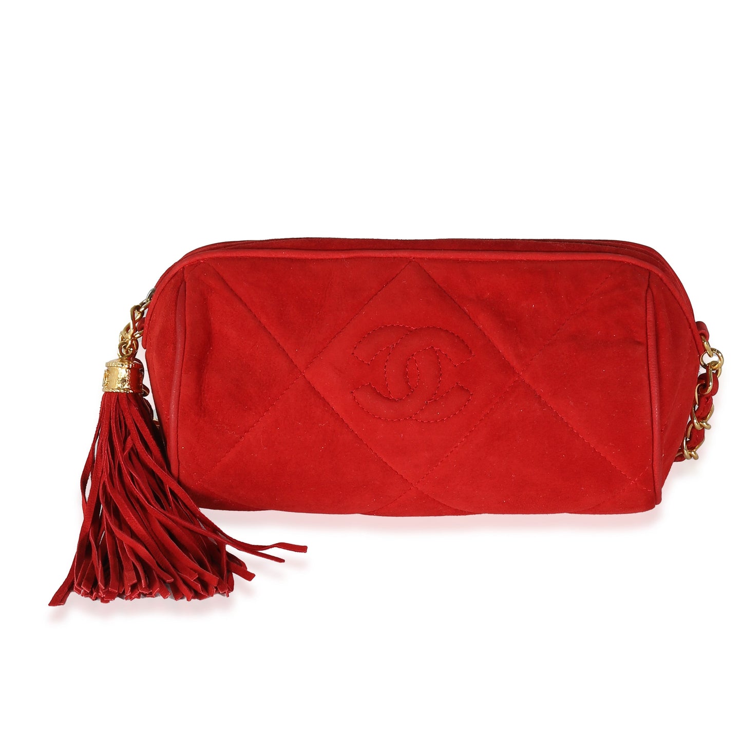 CHANEL Vintage Red Suede Diamond Stitch Tassel Barrel Clutch