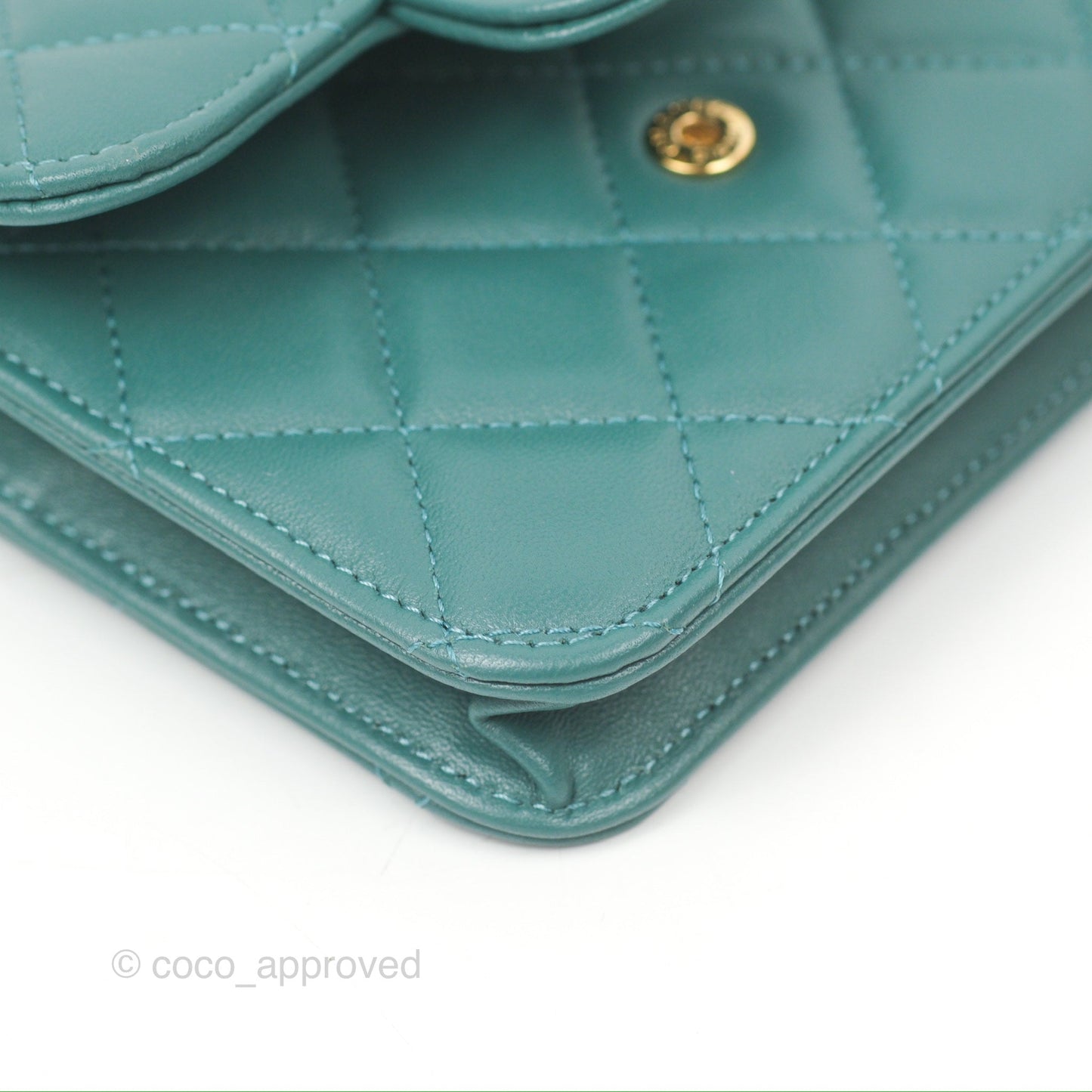 Chanel Mini Handle Flap Coin Purse With Chain Teal Green Lambskin Aged Gold Hardware