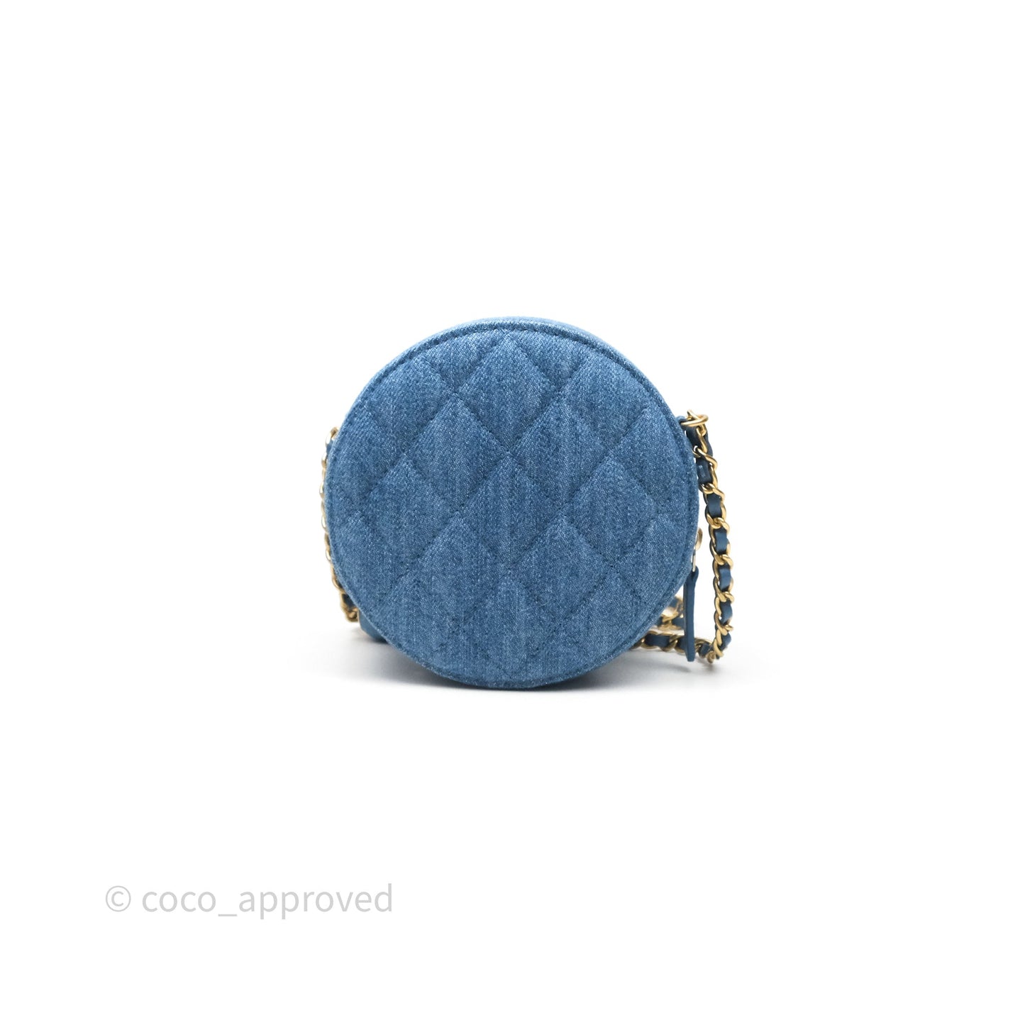 Chanel Quilted Pearl Crush Round Clutch With Chain Denim Aged Gold Hardware