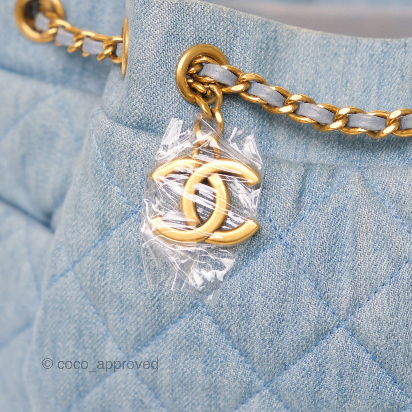 Chanel Drawstring Bucket Bag Denim Blue Aged Gold Hardware