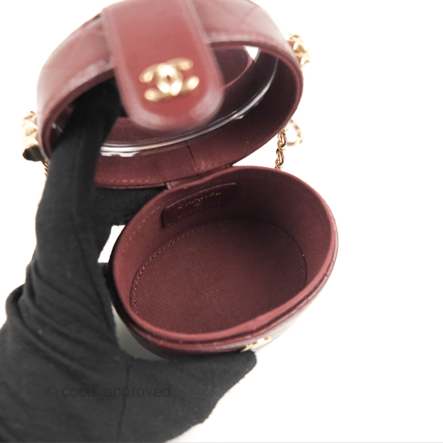 Chanel Quilted Round Vanity Clutch With Chain Burgundy Lambskin Gold Hardware