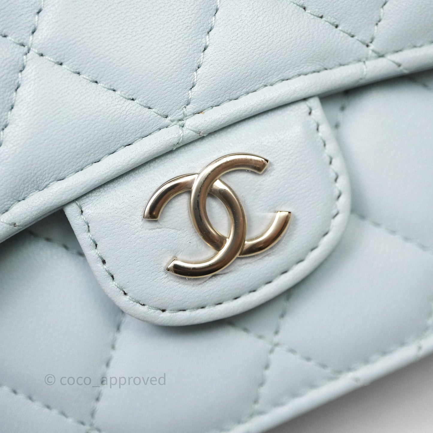 Chanel Mini Handle Flap Coin Purse With Chain Light Blue Lambskin Gold Hardware