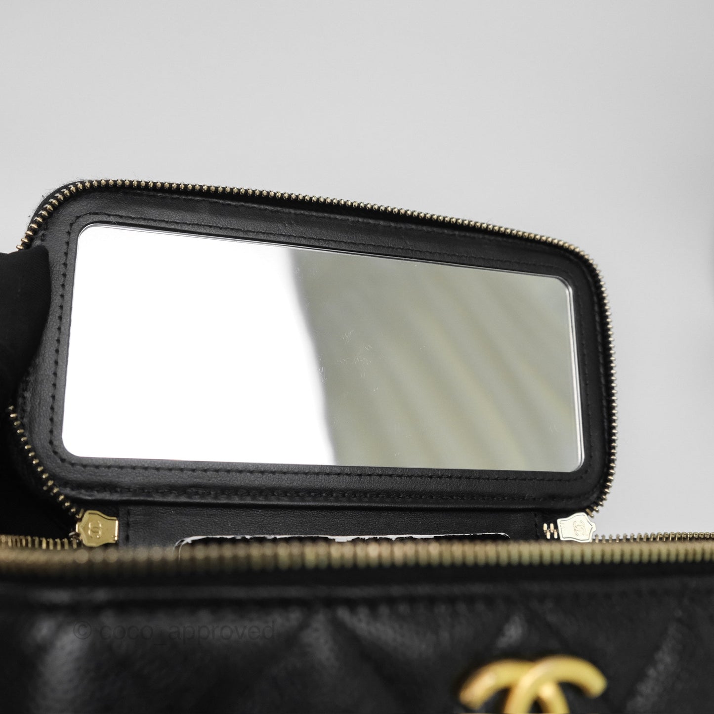 Chanel Logo Top Handle Vanity Rectangular Black Caviar Aged Gold Hardware