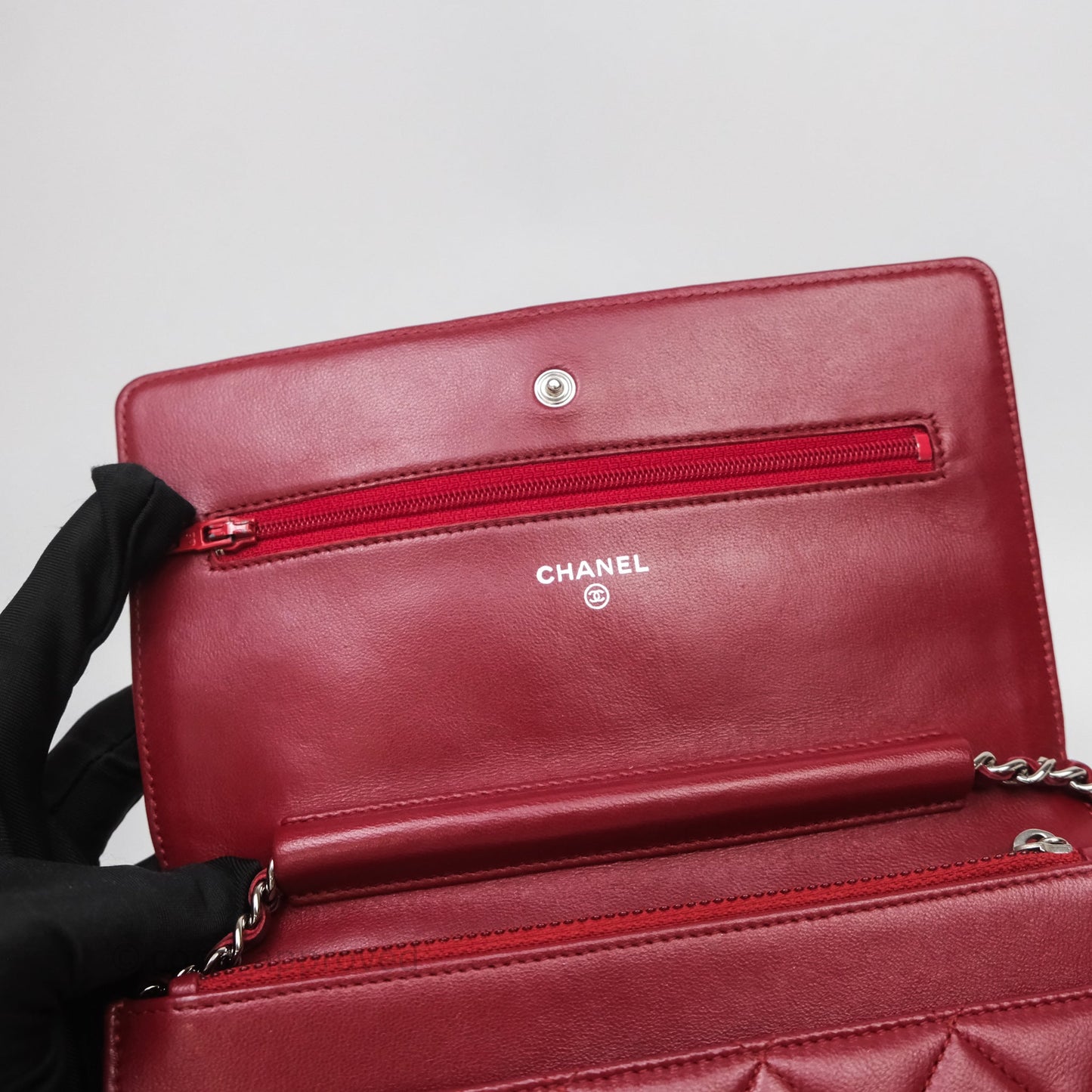 Chanel Quilted Wallet on Chain WOC Red Lambskin Silver Hardware