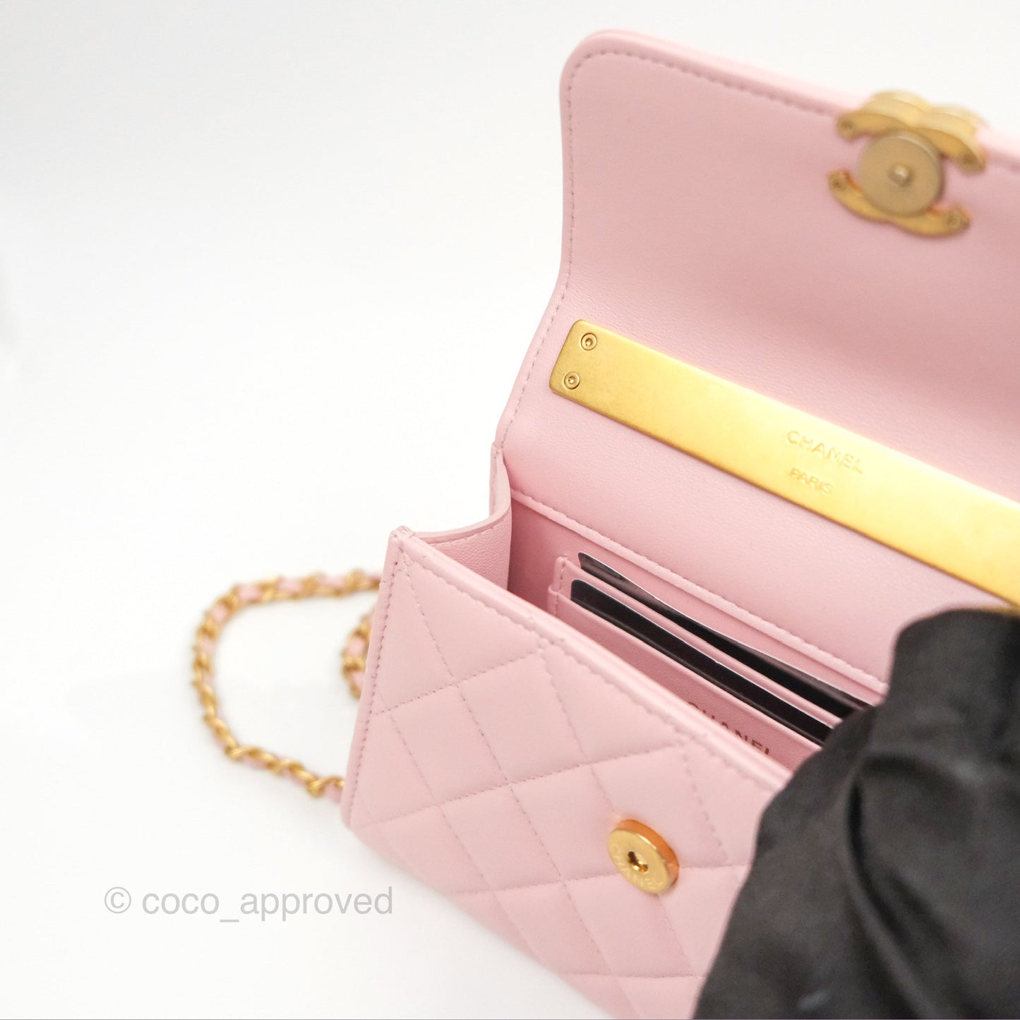 Chanel Enamel Top Handle Clutch with Chain Pink Lambskin Aged Gold Hardware 22B