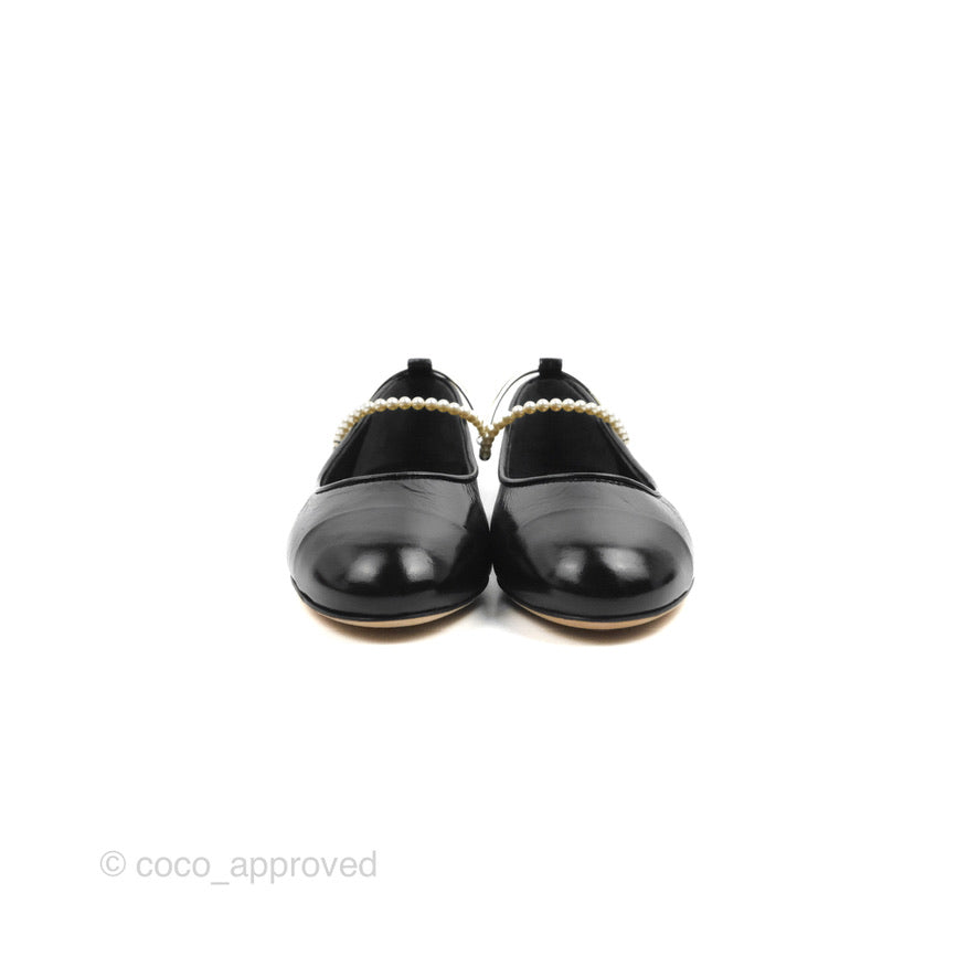 Chanel Ankle Pearl Flat Ballerinas Black Lambskin 23C Sizes 37