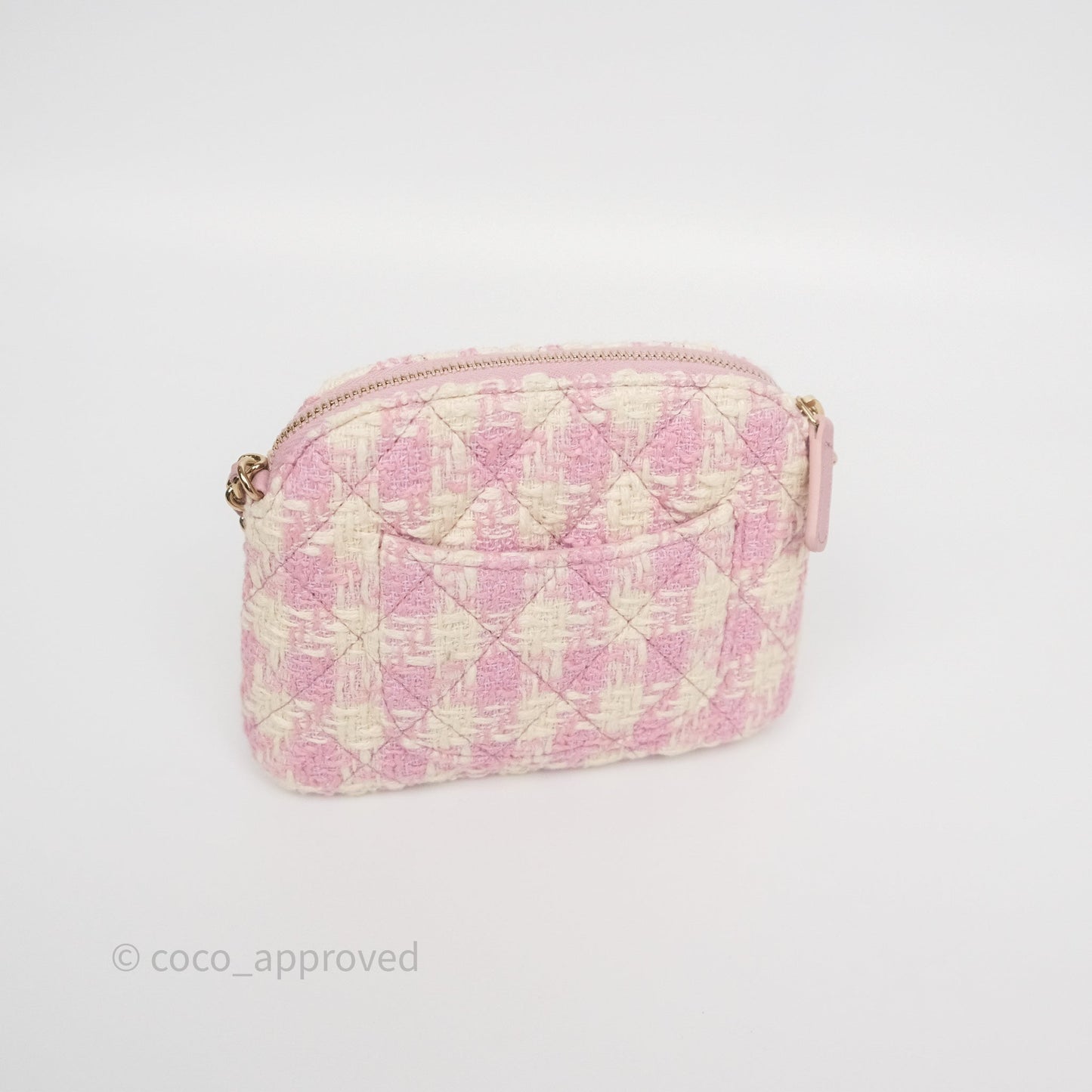 Chanel Mini Pouch On Chain White Pink Houndstooth Tweed Gold Hardware