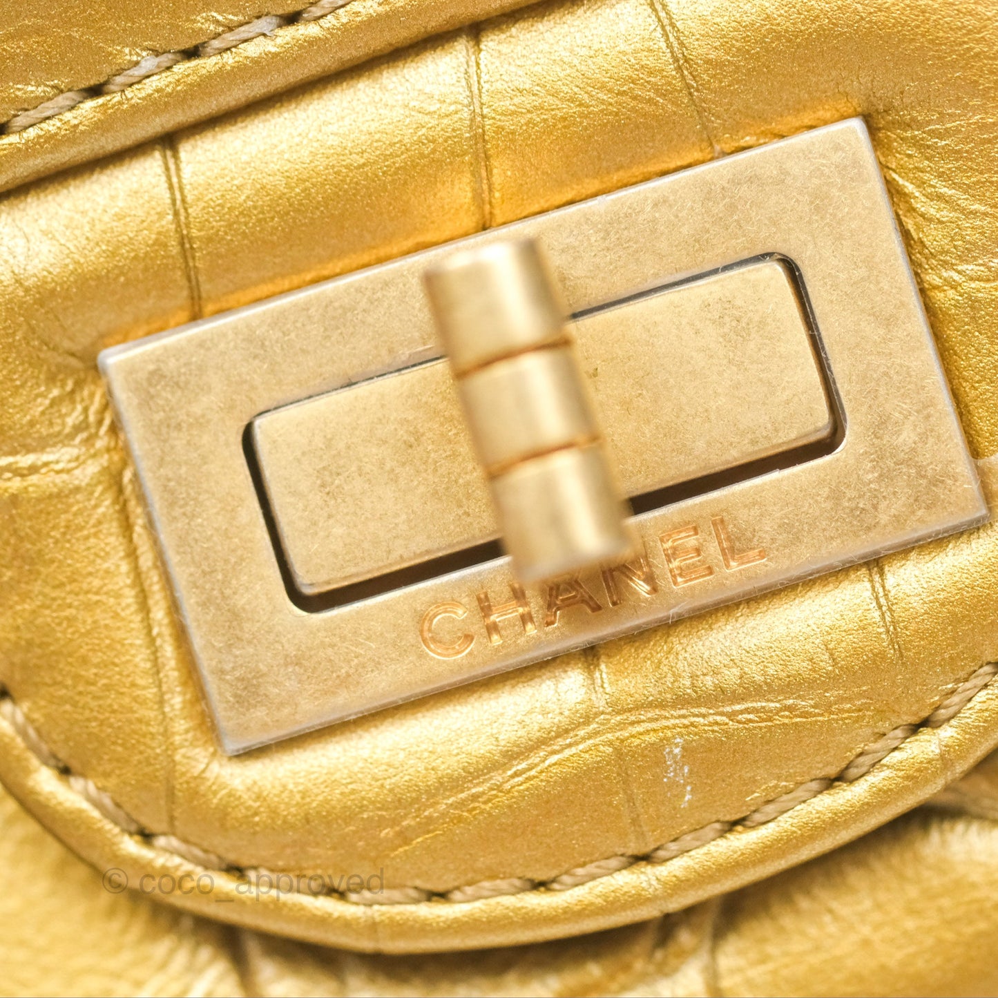 Chanel Reissue 2.55 Metallic Gold Crocodile Embossed Calfskin And Black Quilted Lambskin Aged Gold Hardware