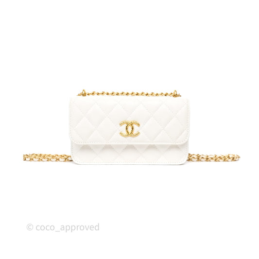 Chanel Dynasty Phone Holder with Chain White Ivory Lambskin Aged Gold Hardware