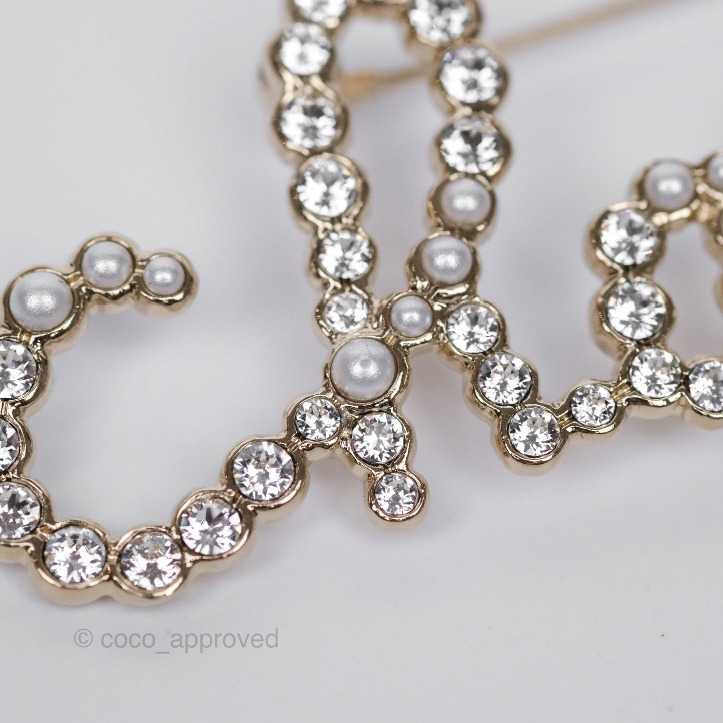 Chanel Logo Pearl Crystal Brooch Gold Tone 20V