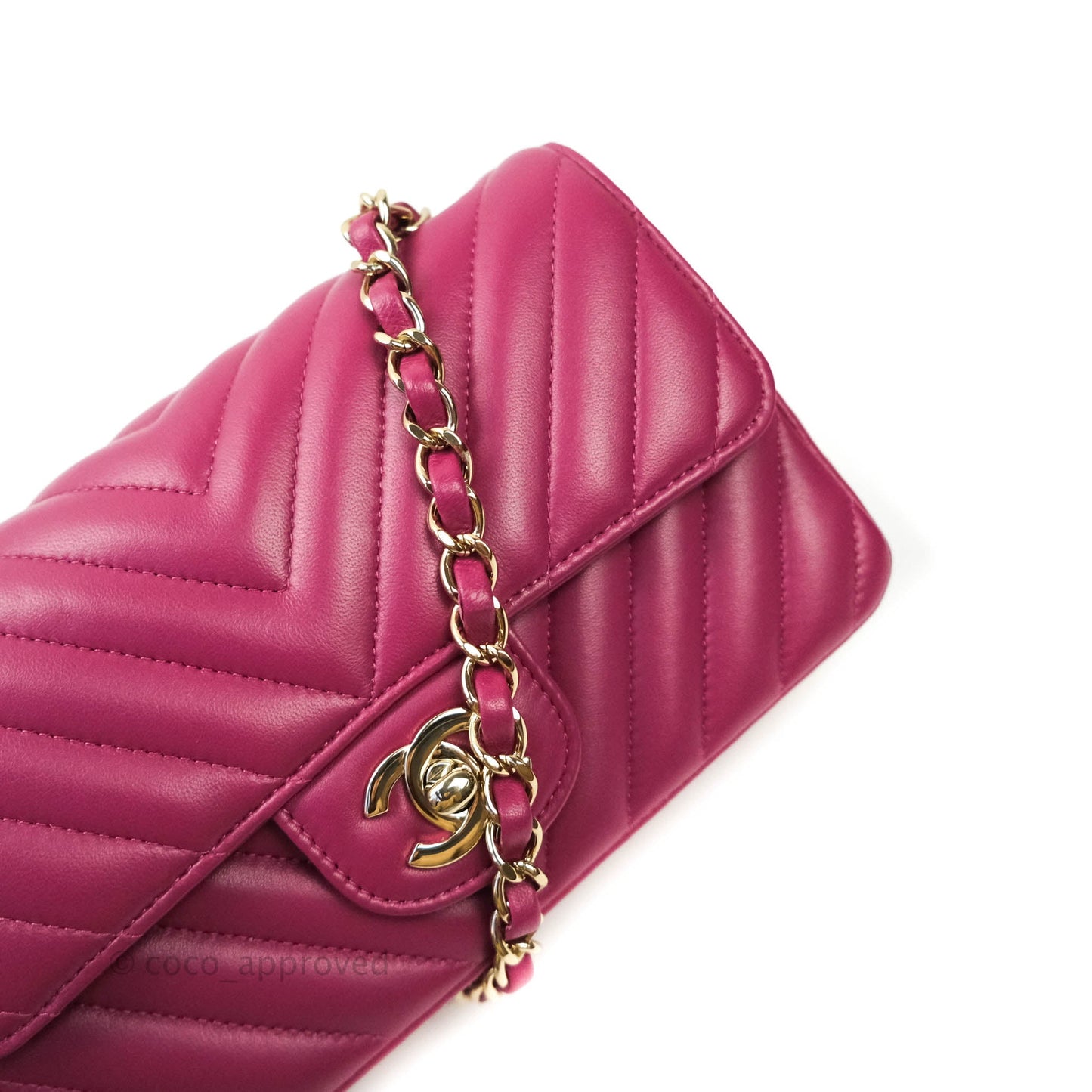 Chanel Chevron Mini Rectangular Lambskin Flap Dark Pink Gold Hardware