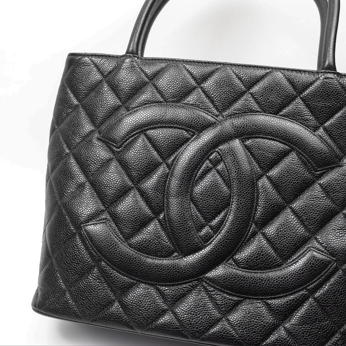 Chanel Vintage Medallion CC Black Caviar Tote Bag Silver Hardware