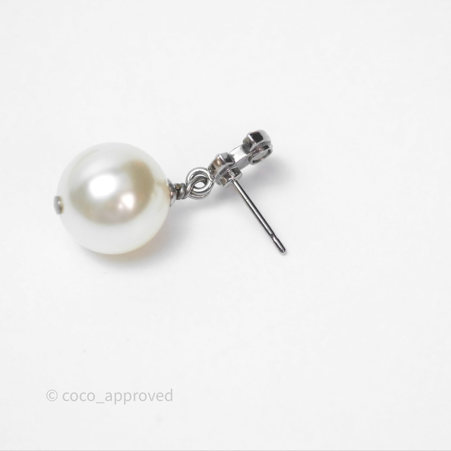 Chanel CC Crystal Pearl Drop Earrings Silver Tone 24V