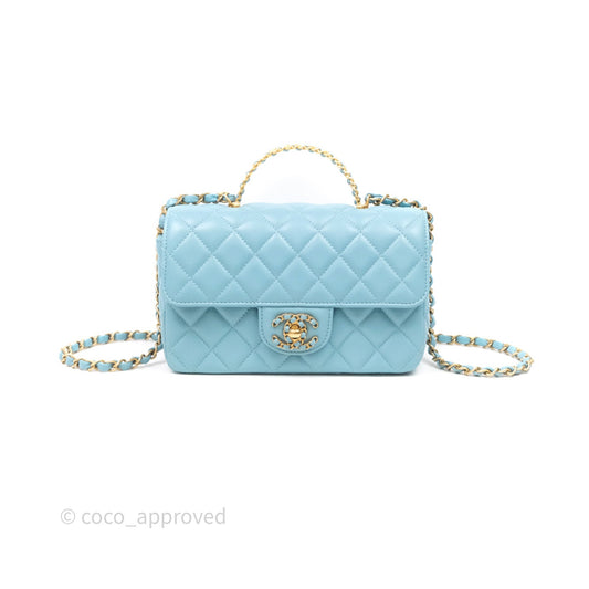 Chanel Flap Bag with Crystal Logo Top Handle Tiffany Blue Lambskin Aged Gold Hardware