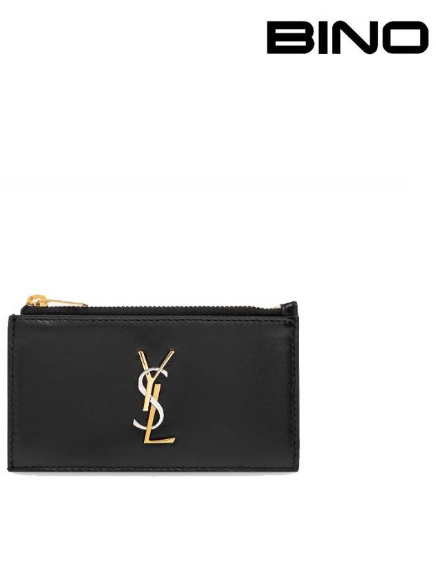 Luxury Saint Laurent Cassandra Fragment Zipper Card Case Lambskin Black