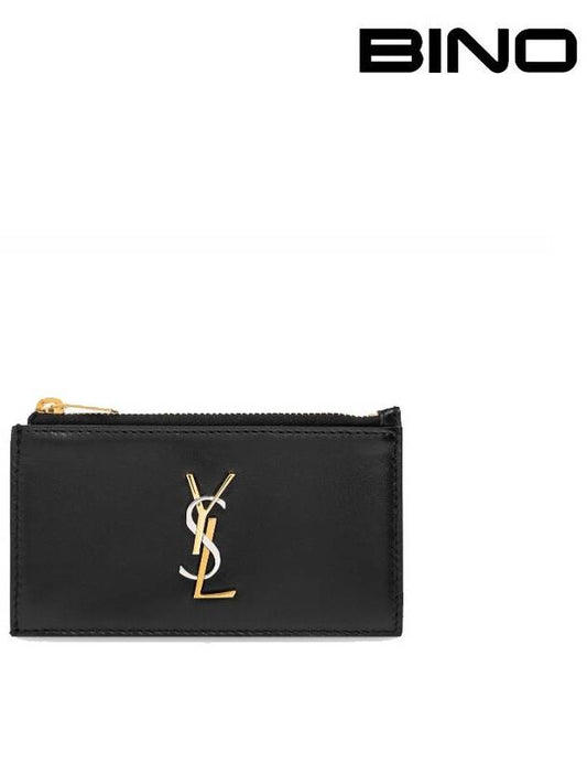 Luxury Saint Laurent Cassandra Fragment Zipper Card Case Lambskin Black