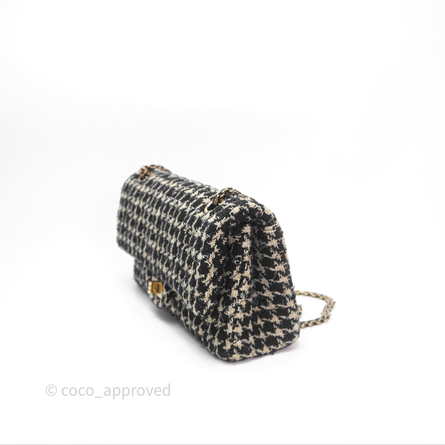 Chanel Reissue 225 Houndstooth Tweed Black Beige Aged Gold Hardware