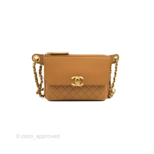 Chanel Flap Waist Bag with Leather & Tweed Coin Purses Dark Beige Calfskin