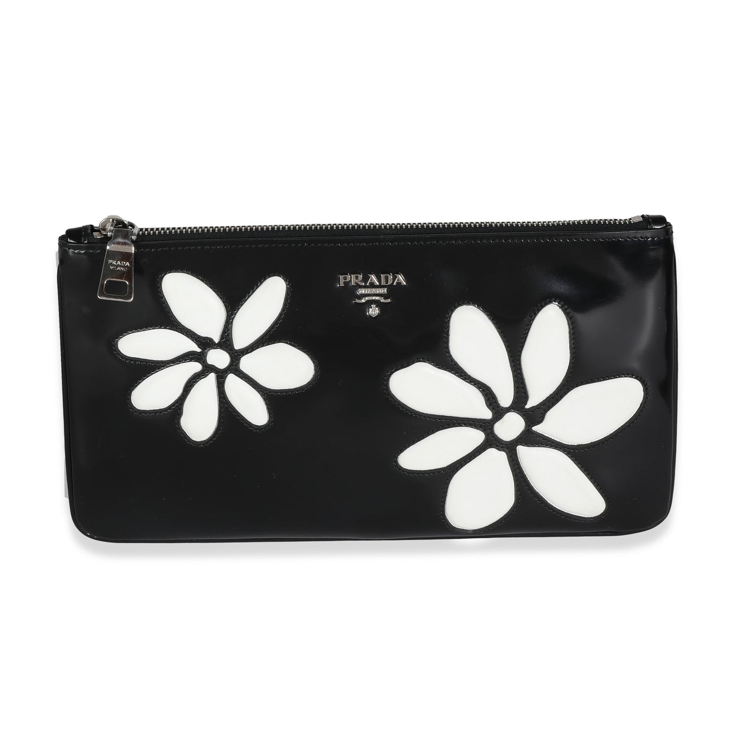 Luxury PradaBlack Spazzolato Flower Zip Pouch