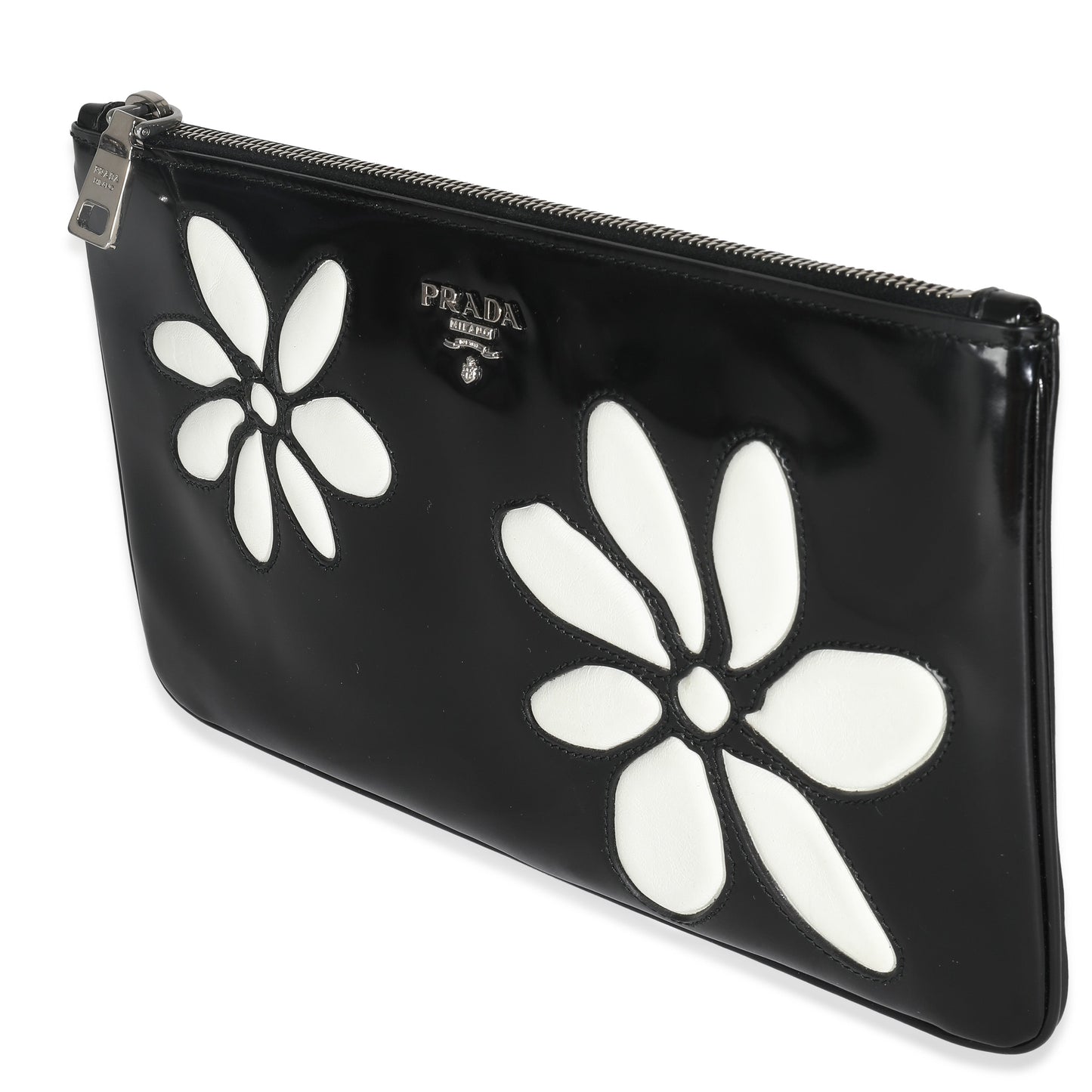 Luxury PradaBlack Spazzolato Flower Zip Pouch