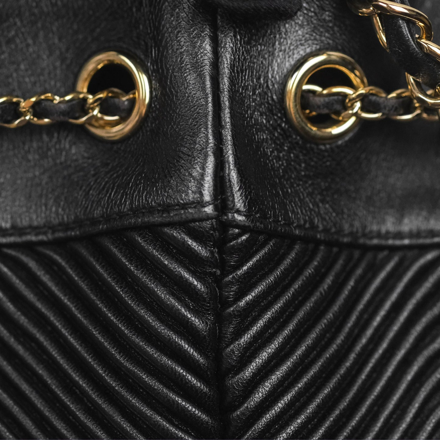 Chanel CC Chain Drawstring Bucket Bag Chevron Black Lambskin Gold Hardware