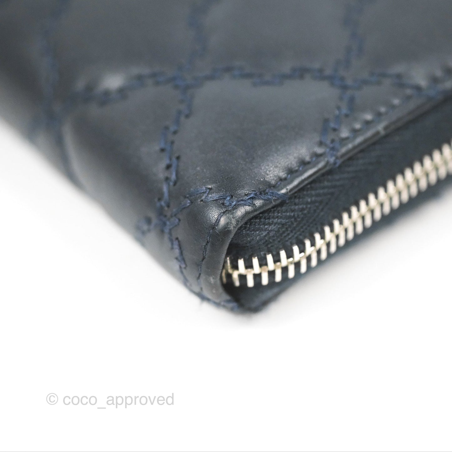 Chanel Quilted Zip Long Wallet Navy Lambskin Silver Hardware