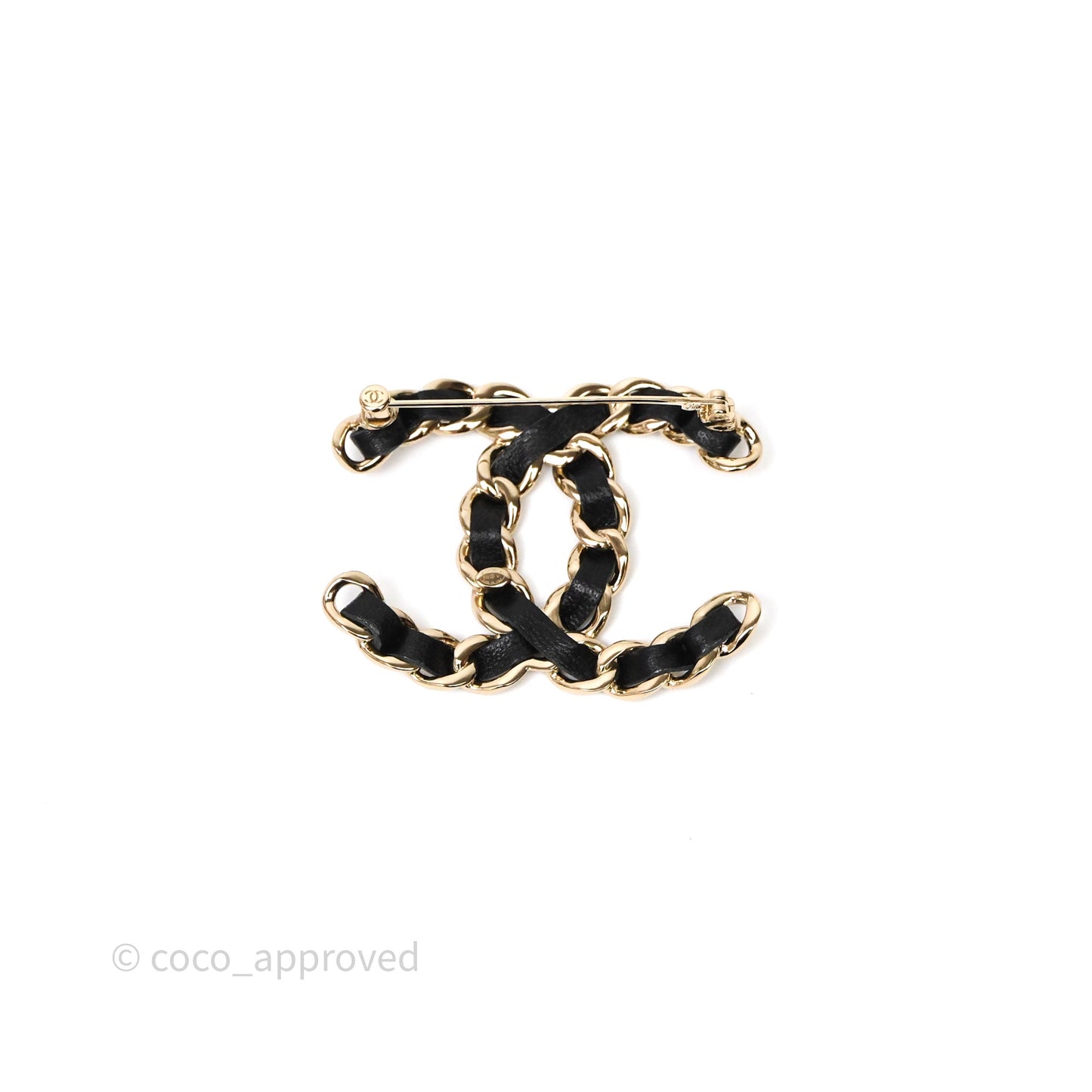 Chanel CC Braided Black Leather Brooch Gold Tone 22V