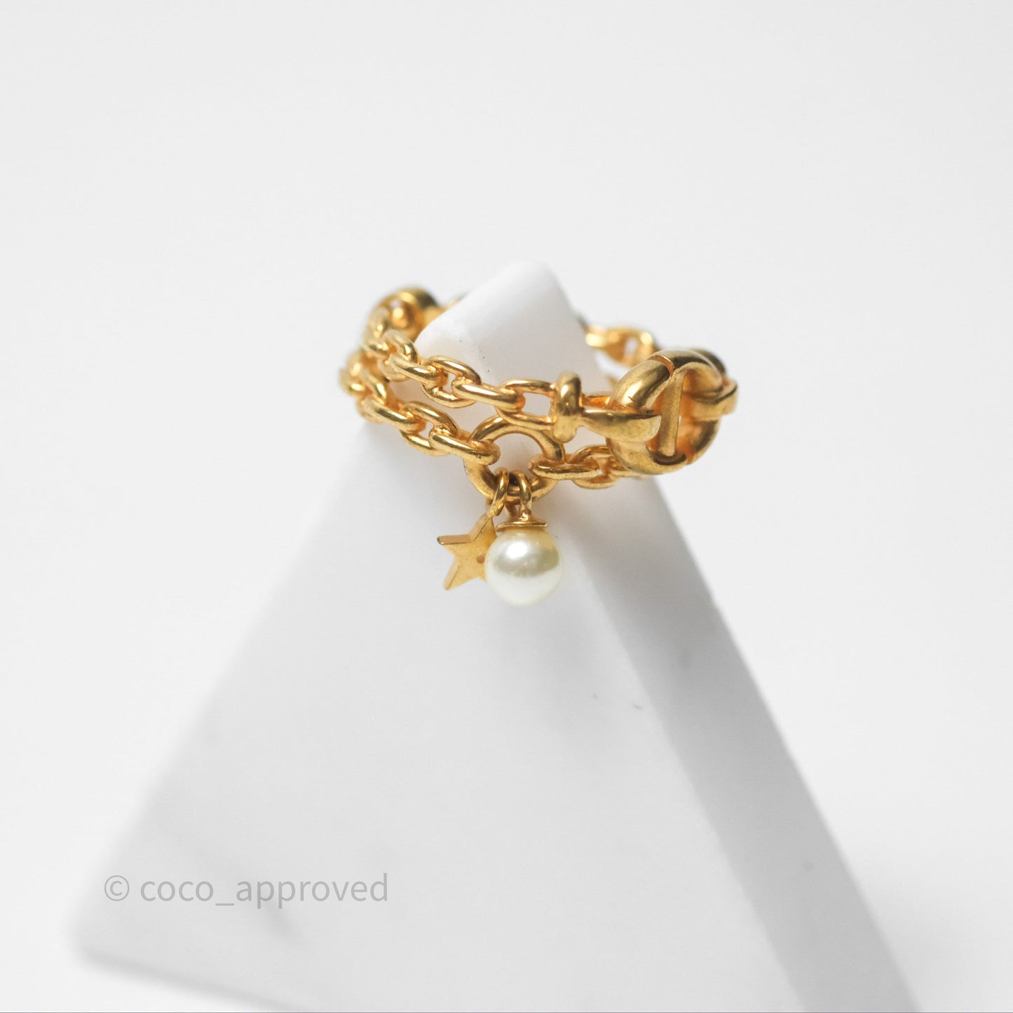 Christian Dior CD Double Chain Star Pearl Ring Gold Tone